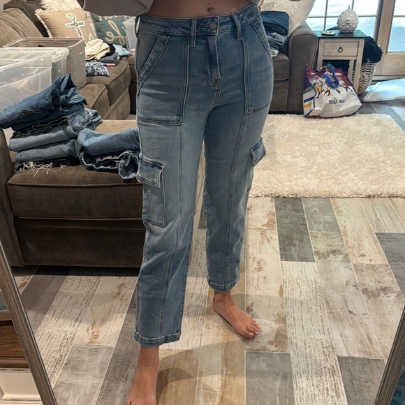 Classic Blue Straight Leg Jeans with Utility Style - Picture 1 of 2
